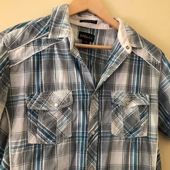 Helix Western Shirt Plaid Blue Gray Size M - Picture 2 of 7